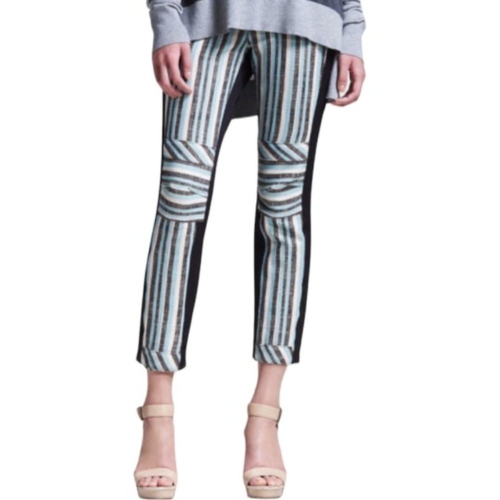 10 Crosby Derek Lam Striped Slim Cropped Linen Blend Pants Black Aqua Size 10